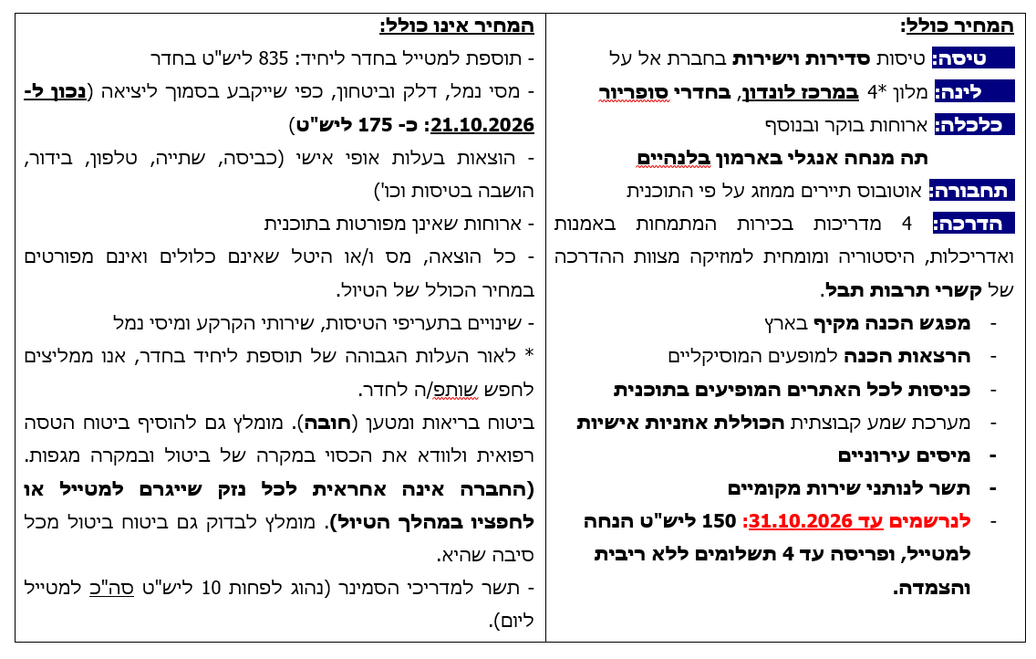 מחיר כולל.לא כולל